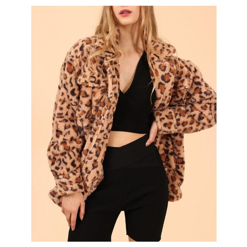 Leopard Faux Fur Jacket Women Plush Zip Front Winter Coat - Picture 6 of 9